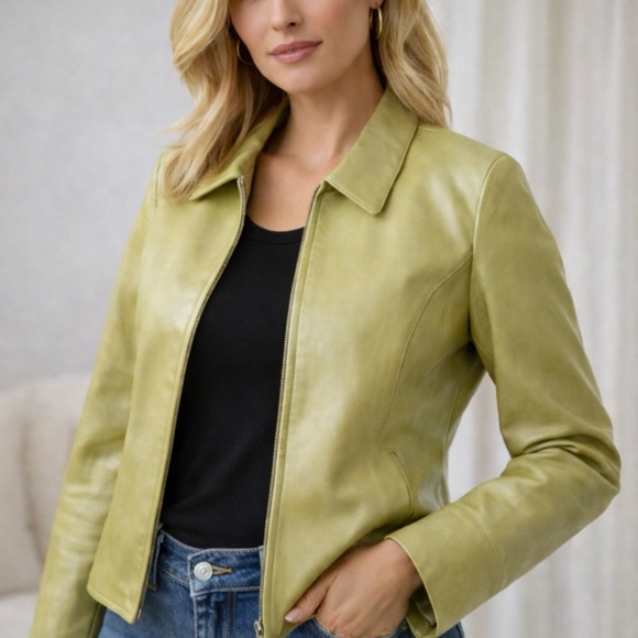 Liz Claiborne Green Leather Jacket Women’s Size 16 Moto Style Paisley Lined